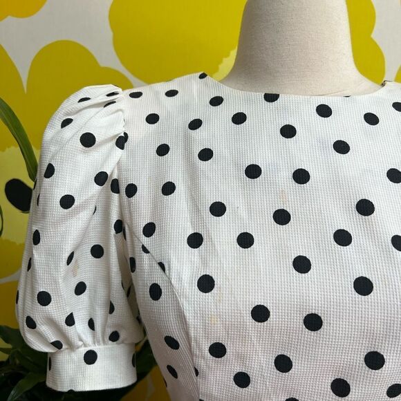 Killer Vintage 1980s White Pleated Tiered Peplum Polka Dot Bow Puff Sleeve Dress - Picture 7 of 11